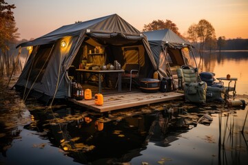Obraz premium A cozy winter tent perched on a dock in the shimmering waters, surrounded by trees and bathed in the warm hues of sunset and sunrise, creating a picturesque landscape for an outdoor retreat by the la