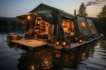 Obraz premium As the sun sets on the tranquil lake, a lone tent rests on a floating platform surrounded by a picturesque landscape of trees, a boat, and a reflecting house, offering a serene outdoor retreat with b