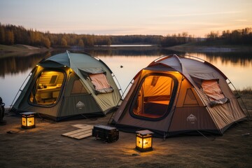 As the sun sets over the peaceful lake, two tents stand tall on the camping ground, their tarpaulins reflecting the colors of the sky, inviting us to embrace the great outdoors - obrazy, fototapety, plakaty