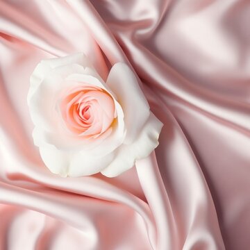 pink rose on satin silk fabric flat lay studio backdrop background