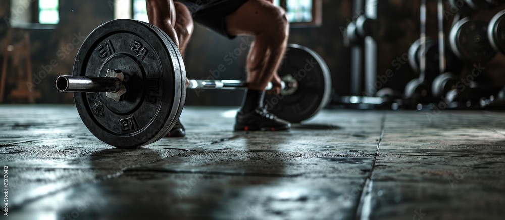 Poster person doing workout and put on a weght disc on a barbell dumbbell. copy space image. place for addi