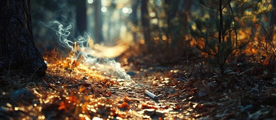 Forest fire triggered by discarded cigarette. Copy space image. Place for adding text