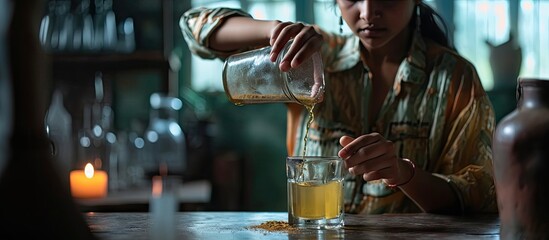 Close up young indian woman pouring soluble anti influenza powder in glass of water Sick millennial girl student feeling unwell relieving grippe fever flu symptoms high temperature headache - obrazy, fototapety, plakaty