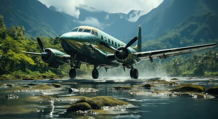 Fototapeta na wymiar A majestic airliner soars above the glistening river, its powerful engines propelling it towards the distant mountain peaks as it deftly navigates through the billowing clouds and prepares for a smoo