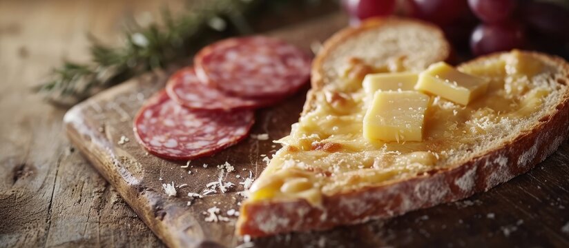 Heart shape sandwich with salami and cheese. Copy space image. Place for adding text
