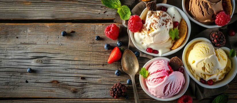 Heart shaped dishes with assorted ice cream flavors and fresh ingredients viewed high angle on wood in a panorama banner. Copy space image. Place for adding text