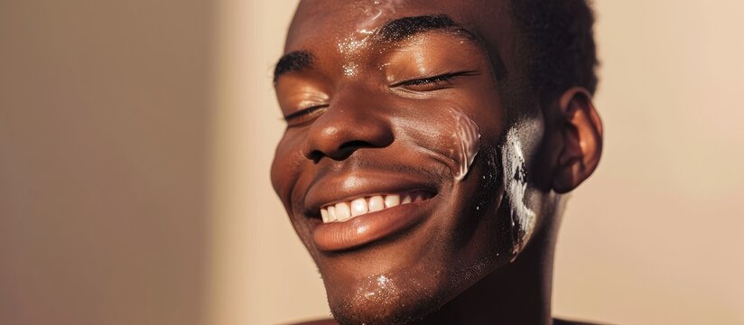 Young black man smiling while applying beauty oil to his melanated face in a studio Happy youthful man proudly practicing his skincare routine with a healthy anti aging facial product