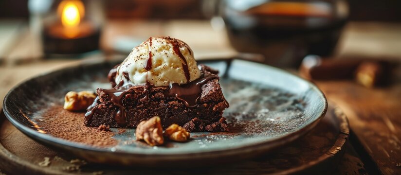 Close up shot of a scoop of ice cream on a piece of brownie beautifully served on a dessert plate Food presentation. Copy space image. Place for adding text