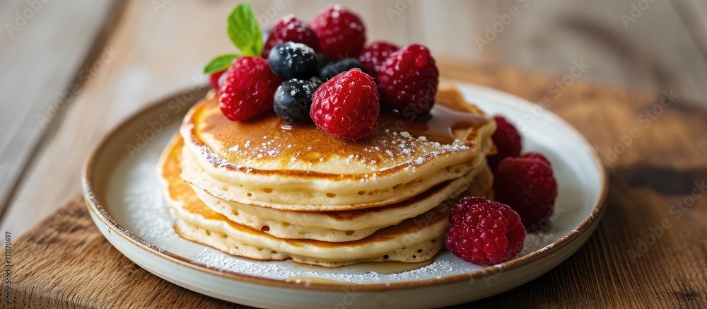 Aufkleber american style pancakes with red fruits falling on top. copy space image. place for adding text