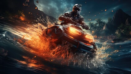 A daring biker ignites the screen in a fiery race against time in this action-packed outdoor adventure game, where digital compositing brings the intense thrill of the ride to life - obrazy, fototapety, plakaty