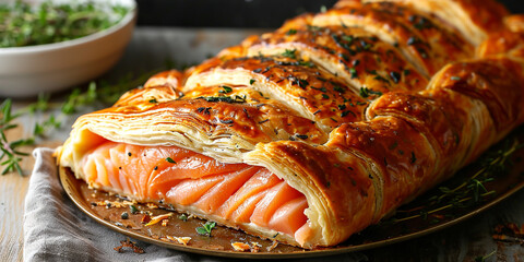 salmon en croute highlighting puff pastry layers - obrazy, fototapety, plakaty