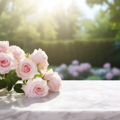 white marble table, blurred light bokeh rose garden background for product display studio mockup backdrop background