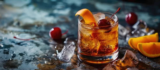 Deurstickers Alcoholic Old Fashioned Cocktail classic on the rocks garnish with orange peel and a cherry. Copy space image. Place for adding text © Ilgun