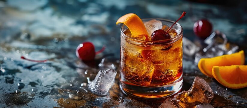 Alcoholic Old Fashioned Cocktail classic on the rocks garnish with orange peel and a cherry. Copy space image. Place for adding text