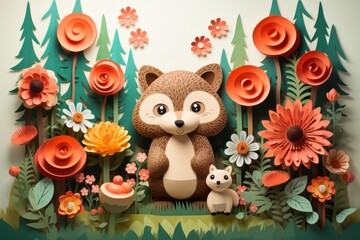 Obraz na płótnie Canvas Celebrate the wonders of the outdoors with a cartoon forest scene, featuring tall trees, lovable animals, and vibrant flowers, Generative AI