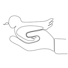 Continuous one line drawing Hand holding flying bird. Peace day concept. Single line draw design vector graphic illustration