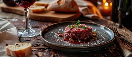 Fototapeta na wymiar Tasty Steak tartare on white plate with egg bread and cup red wine. Copy space image. Place for adding text