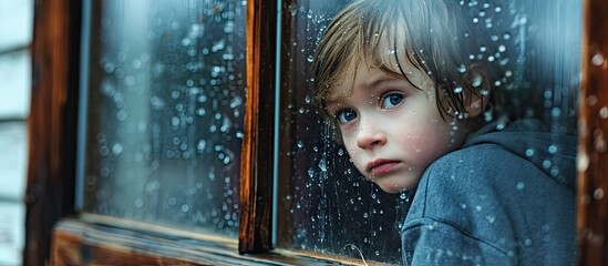 Backside of little baby boy standing on tiptoes next to window home with teddy bear looking outside during coronavirus Covid 19 outbreak quarantine social distancing Emotional kid feeling lonel