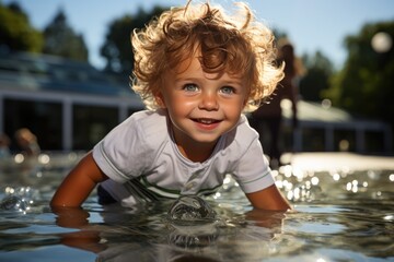 A carefree young boy joyfully splashes in the cool water, his face lit up with pure delight as he enjoys a playful outdoor bath