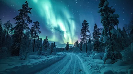 Poster Amazing northern lights over a track through winter landscape in Finnish Lapland. The mesmerising aurora borealis © David