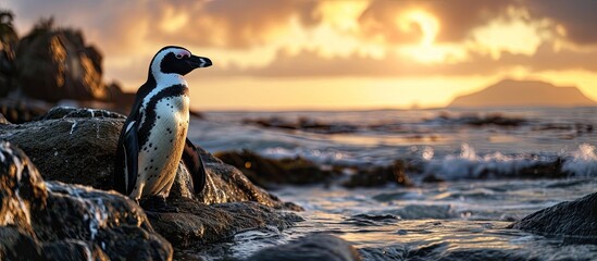 African penguin on the coast at sunset twilight African penguin Spheniscus demersus also known as the jackass penguin and black footed penguin Boulders colony Cape Town South Africa. Copy space image