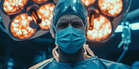 portrait of a surgeon in a mask and cap against the backdrop of burning operating room light - obrazy, fototapety, plakaty
