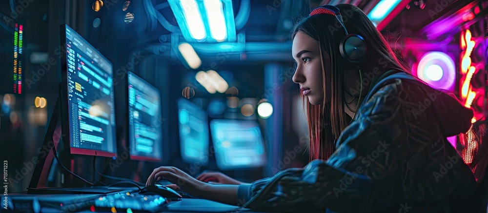 Poster nonconformist teenage hacker girl using computer for attacking corporate servers with malware room i