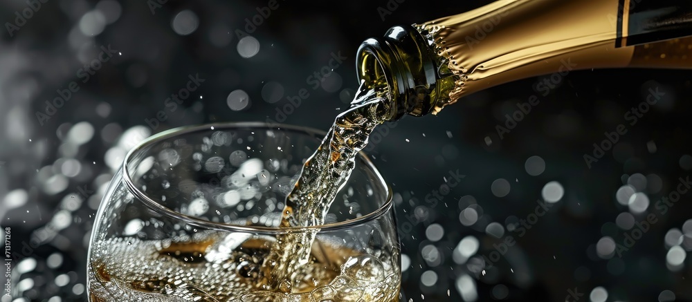 Aufkleber close up of a glass of champagne poured from a bottle. copy space image. place for adding text