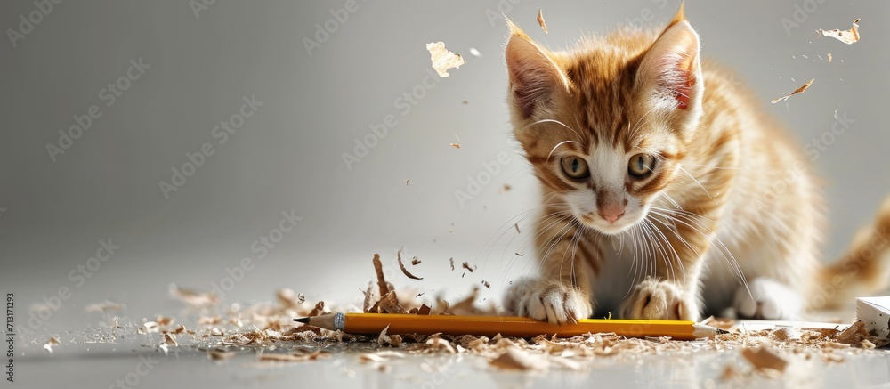 Poster happy child playing with pet cat while doing homework ginger cat fighting for pencil. copy space ima
