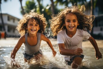 Joyful youngsters frolic in the cool, refreshing water, their faces beaming with excitement and their clothes drenched from a playful game of water tag