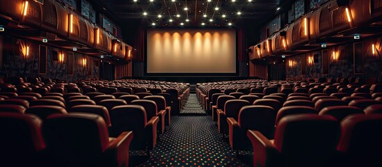 Dark movie theatre interior screen and chairs. Copy space image. Place for adding text