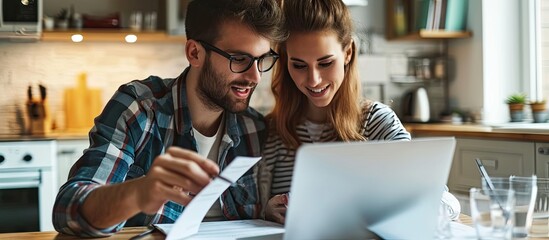 Cheerful young millennial husband and wife doing domestic paperwork accounting job reviewing paper bills receipts at laptop computer using calculator paying mortgage rent fees on internet - obrazy, fototapety, plakaty
