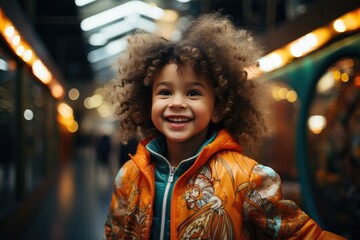 Obraz premium An innocent toddler exudes pure joy as they stand on a busy street, their beaming smile and colorful clothing capturing the essence of youth in this outdoor portrait