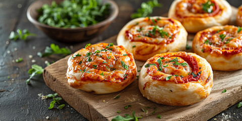 Mini pizza buns on a wooden board. home baked pizza, rolls