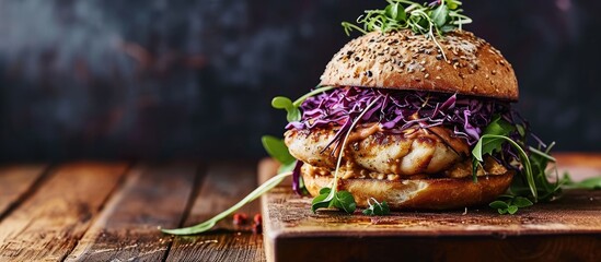 Chicken fillet burger in brioche bun with avocado cress and red cabbage coleslaw. Copy space image. Place for adding text - obrazy, fototapety, plakaty