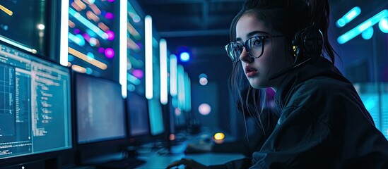 Nonconformist Teenage Hacker Girl Using Computer for Attacking Corporate Servers with malware Room is Dark Neon and Has Many Displays. Copy space image. Place for adding text - Powered by Adobe