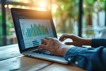 business man hand working on laptop computer financial with graphic graph chart diagram, stock market, investment, business strategy, digital technology, trading statistics concept