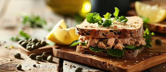Tuna sandwich capers seed bread lemon juice for freshness little bit of dijon mustard and olive oil. Copy space image. Place for adding text - obrazy, fototapety, plakaty