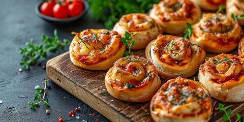 Mini pizza buns on a wooden board. home baked pizza, rolls