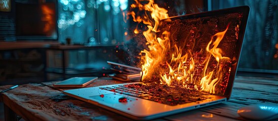 Burning laptop and keyboard equipment fire due to faulty battery and wiring Laptop Computer setting the world on fire Laptop burning in flames Fire hazard Losing valuable data Laptop Damage