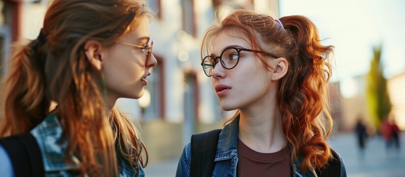Teenage girl student talking to female teacher standing on steps of educational building. Copy space image. Place for adding text