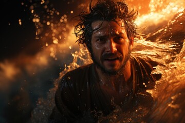 A rugged man with a wild beard basks in the refreshing waters, his face illuminated by the sparkling sunlight