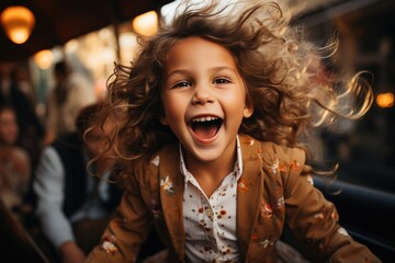 A young girl in a vibrant outfit captures the hearts of onlookers with her joyful smile and giddy laughter, her toothless mouth open in pure innocence - obrazy, fototapety, plakaty