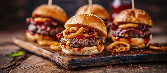 Small beef sliders grilled burgers onion rings little buns bacon served as appetisers for sharing....