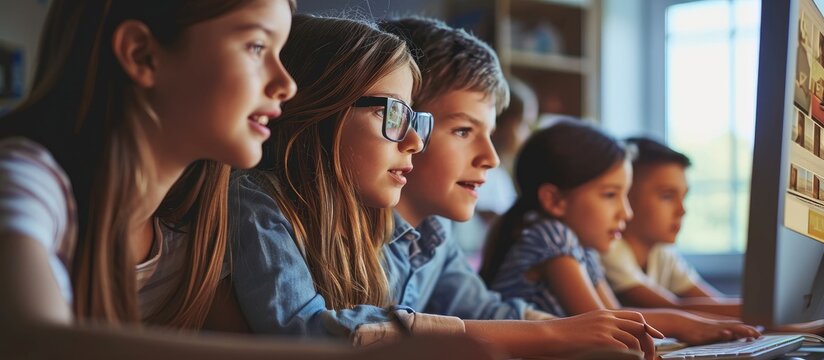 Happy mature teacher and students using desktop PC in classroom. Copy space image. Place for adding text