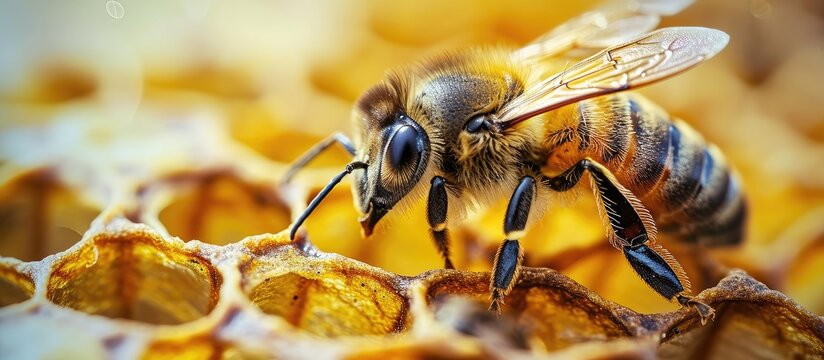 bee on the honeycomb bee in the honeycomb working bee bee. Copy space image. Place for adding text