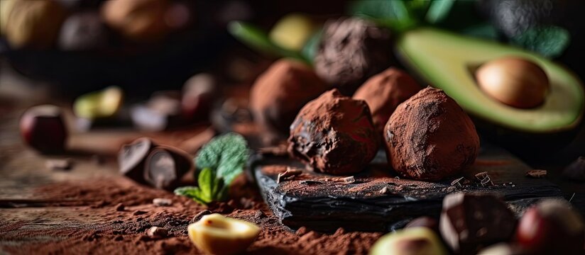 Raw chocolate avocado truffles with chopped hazelnuts. Copy space image. Place for adding text