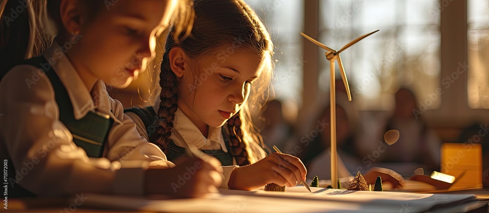 Poster school girls writing a report on wind turbines in a classroom as they closely observe the miniature 