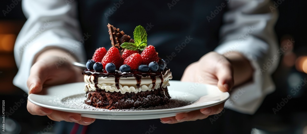 Canvas Prints beautiful dessert in the hands of the waiter. Copy space image. Place for adding text