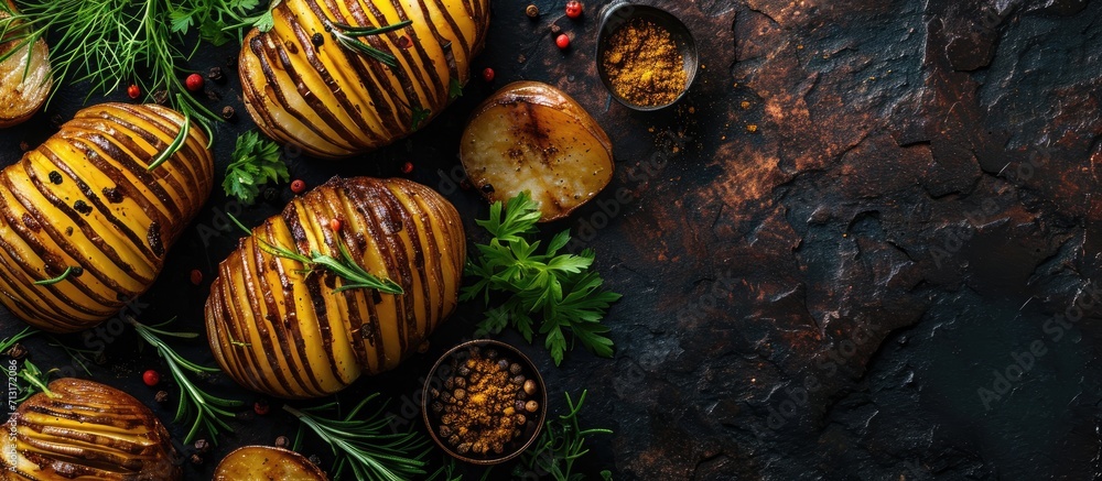 Poster hasselback potatoes with meat and herbs. copy space image. place for adding text